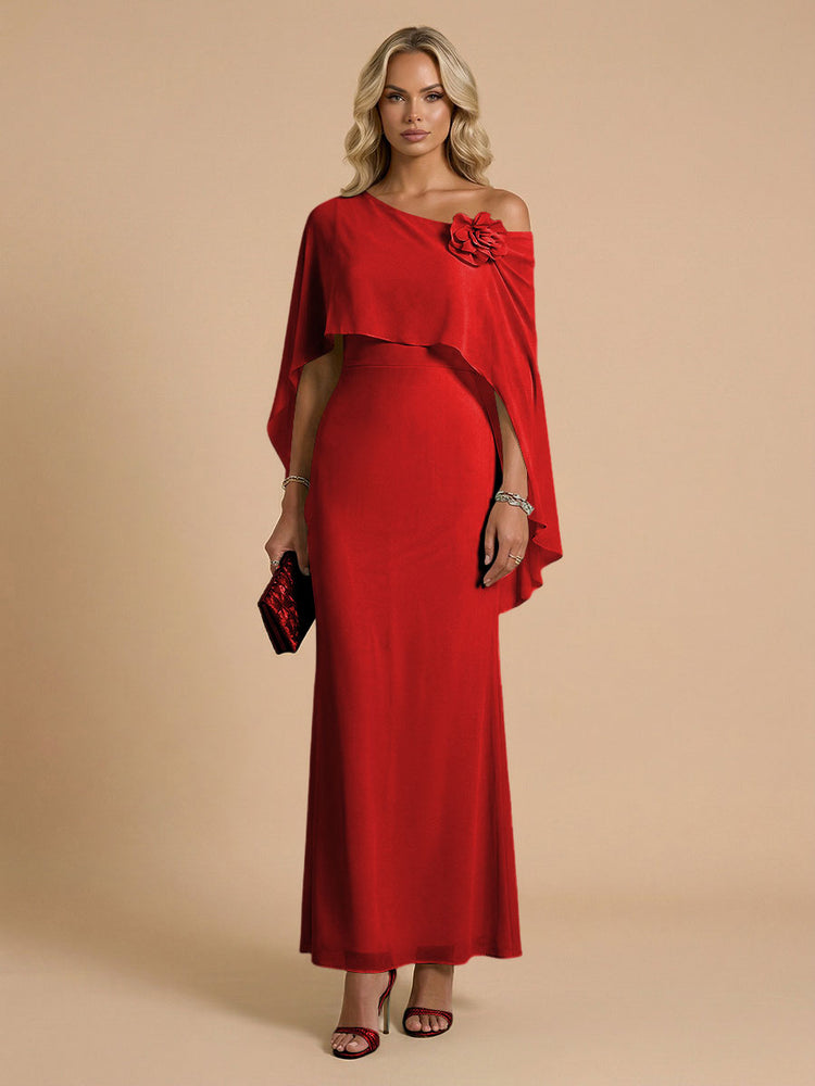 Chiffon Sheath Cowl Neck Long Bridesmaid Dresses with Cape