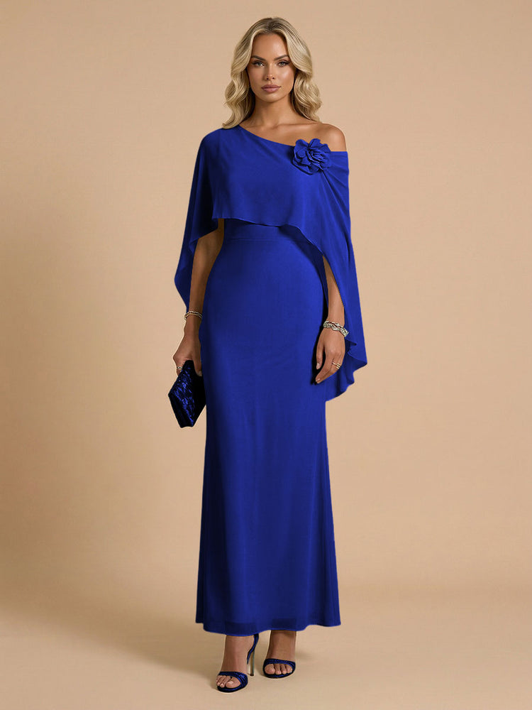 Chiffon Sheath Cowl Neck Long Bridesmaid Dresses with Cape