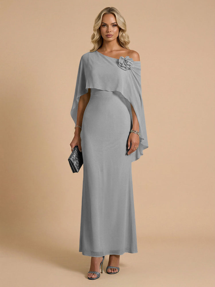 Chiffon Sheath Cowl Neck Long Bridesmaid Dresses with Cape