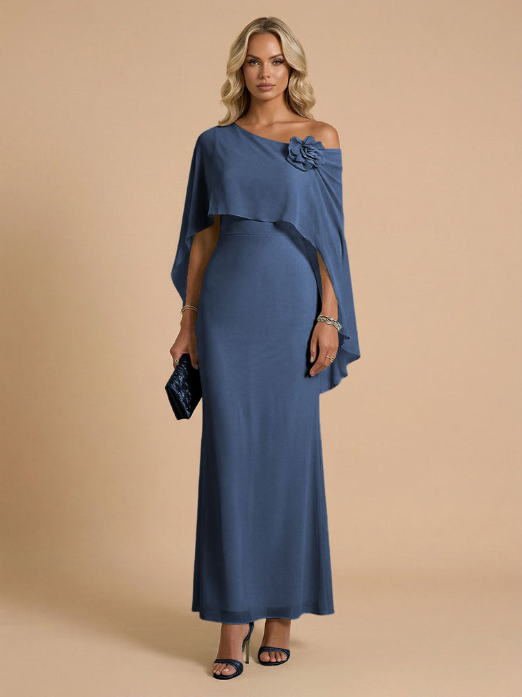 Chiffon Sheath Cowl Neck Long Bridesmaid Dresses with Cape