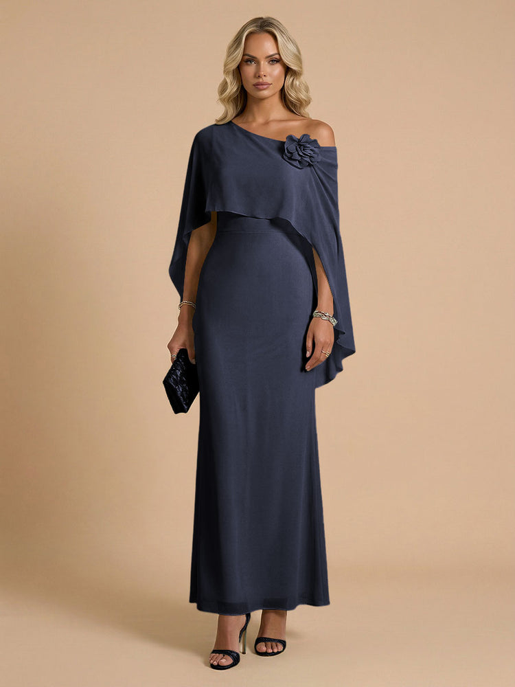 Chiffon Sheath Cowl Neck Long Bridesmaid Dresses with Cape