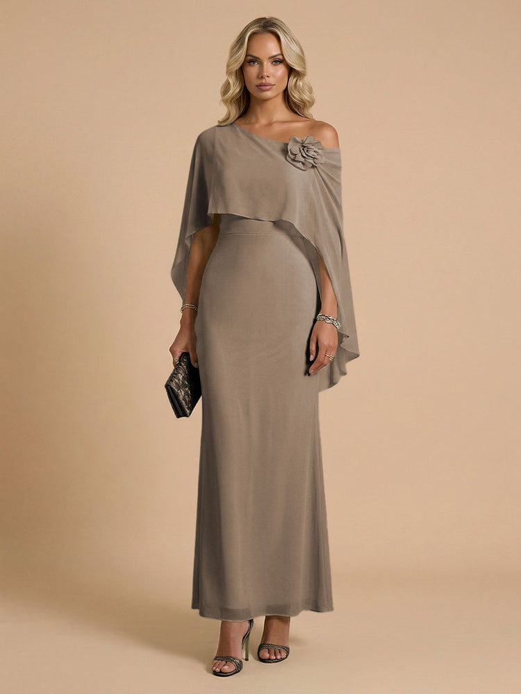 Chiffon Sheath Cowl Neck Long Bridesmaid Dresses with Cape