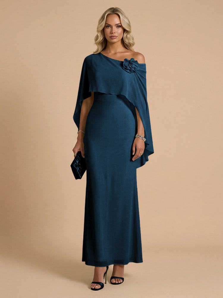 Chiffon Sheath Cowl Neck Long Bridesmaid Dresses with Cape