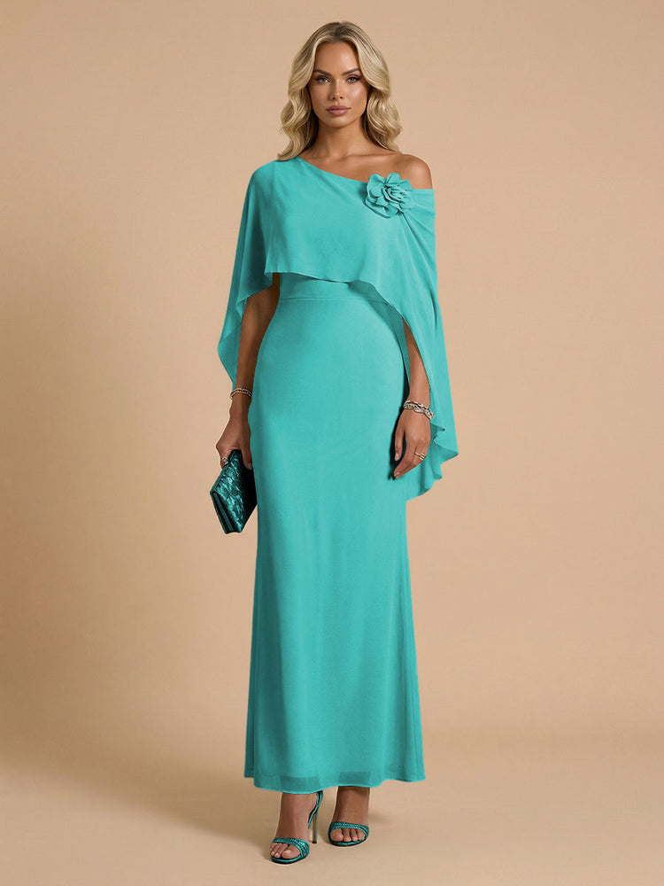 Chiffon Sheath Cowl Neck Long Bridesmaid Dresses with Cape