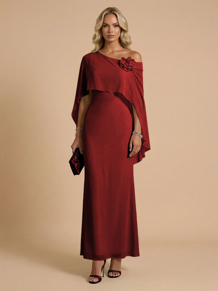 Chiffon Sheath Cowl Neck Long Bridesmaid Dresses with Cape