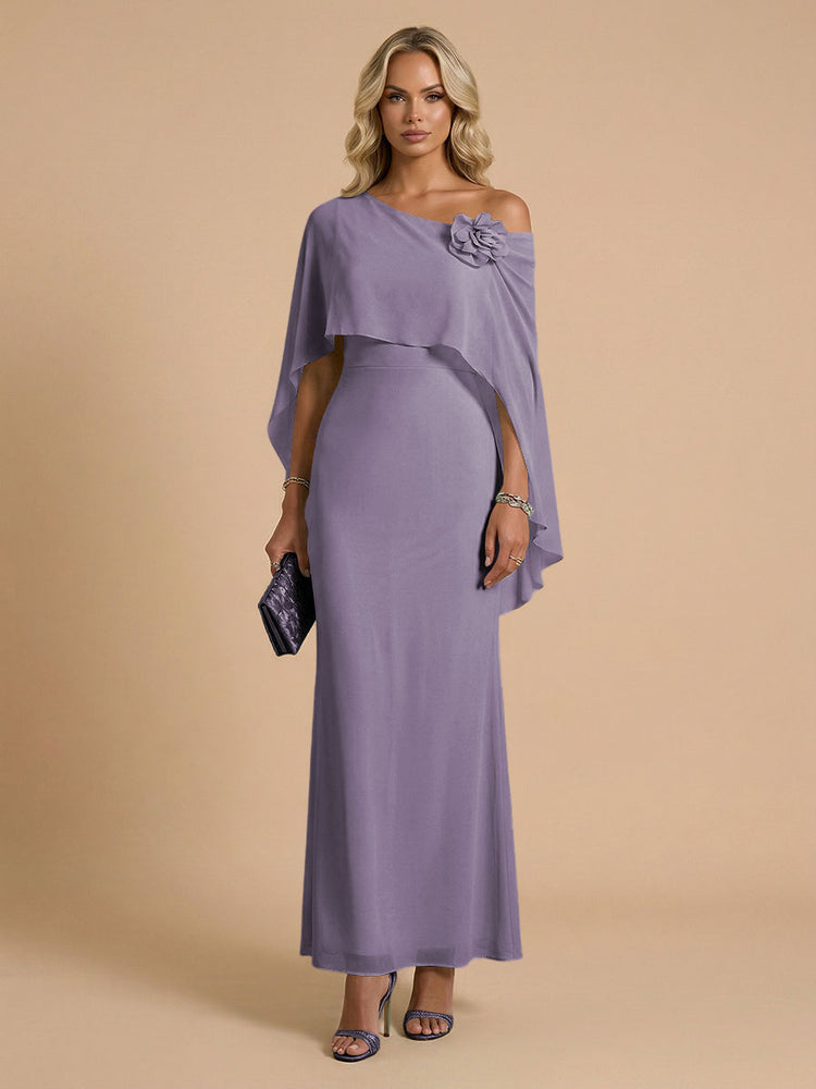 Chiffon Sheath Cowl Neck Long Bridesmaid Dresses with Cape