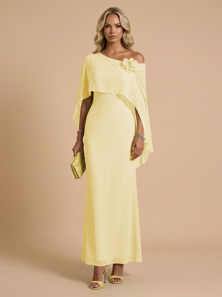 Chiffon Sheath Cowl Neck Long Bridesmaid Dresses with Cape