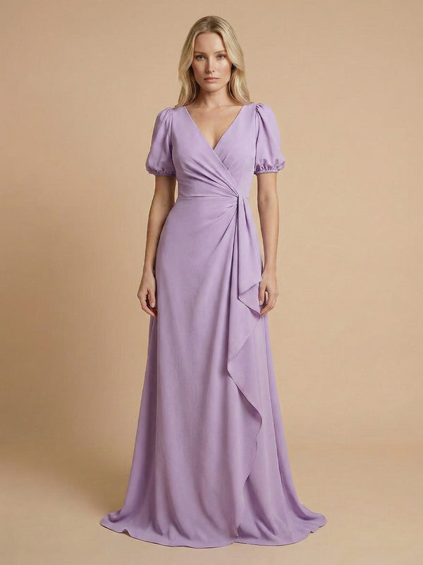 Jersey A-Line V Neck Long Bridesmaid Dresses with Ruffles