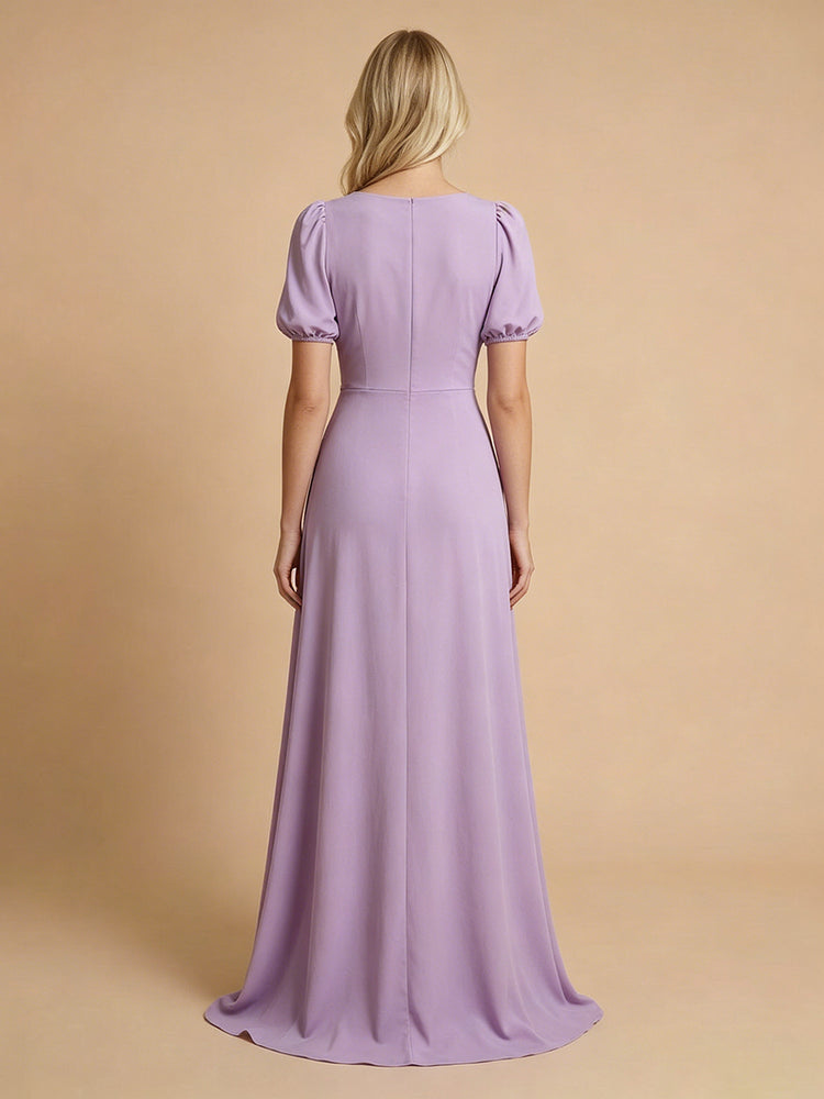 Jersey A-Line V Neck Long Bridesmaid Dresses with Ruffles