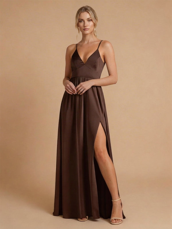 Satin A-Line Spaghetti Straps Long Bridesmaid Dresses with Slit