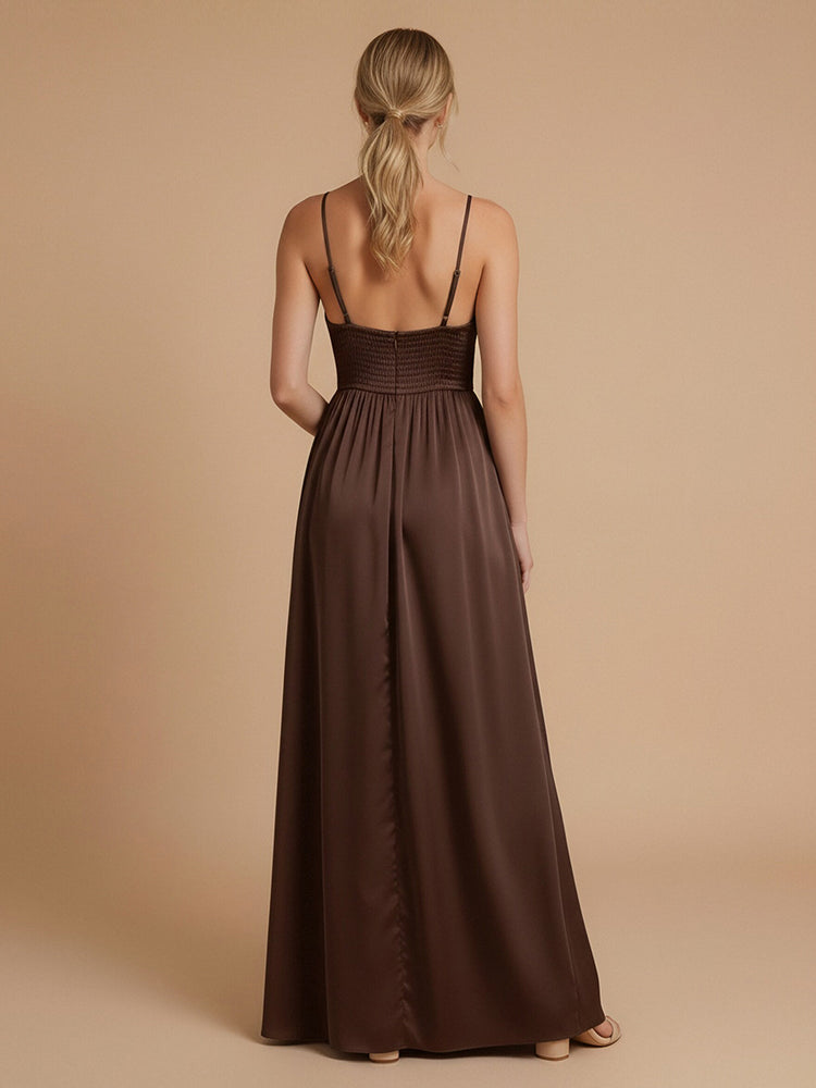 Satin A-Line Spaghetti Straps Long Bridesmaid Dresses with Slit