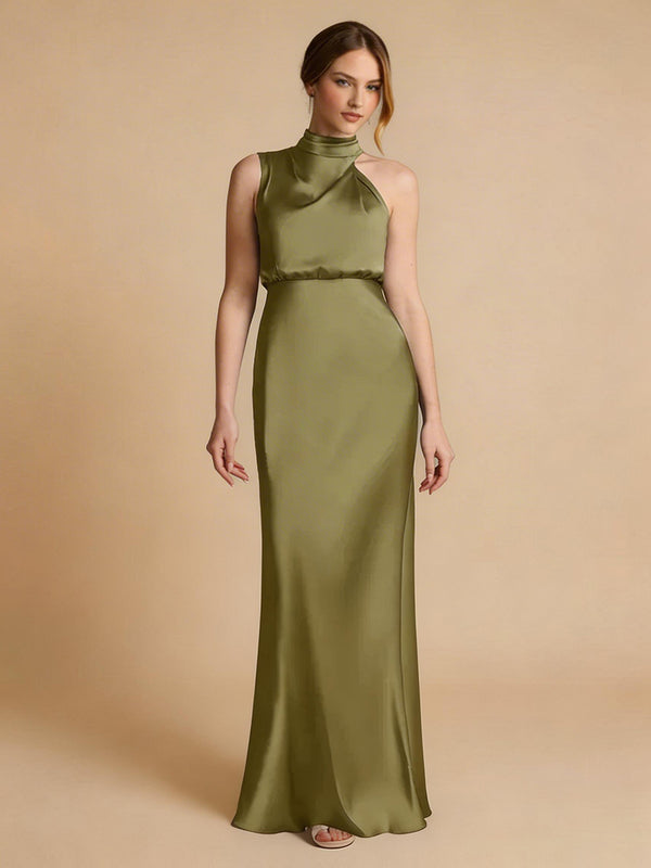 Satin Mermaid High-Neck Asymmetric Long Bridesmaid Dresses