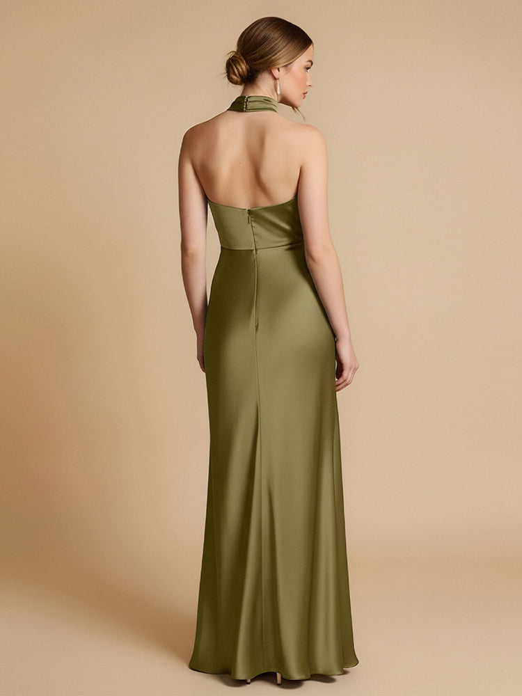 Satin Mermaid High-Neck Asymmetric Long Bridesmaid Dresses
