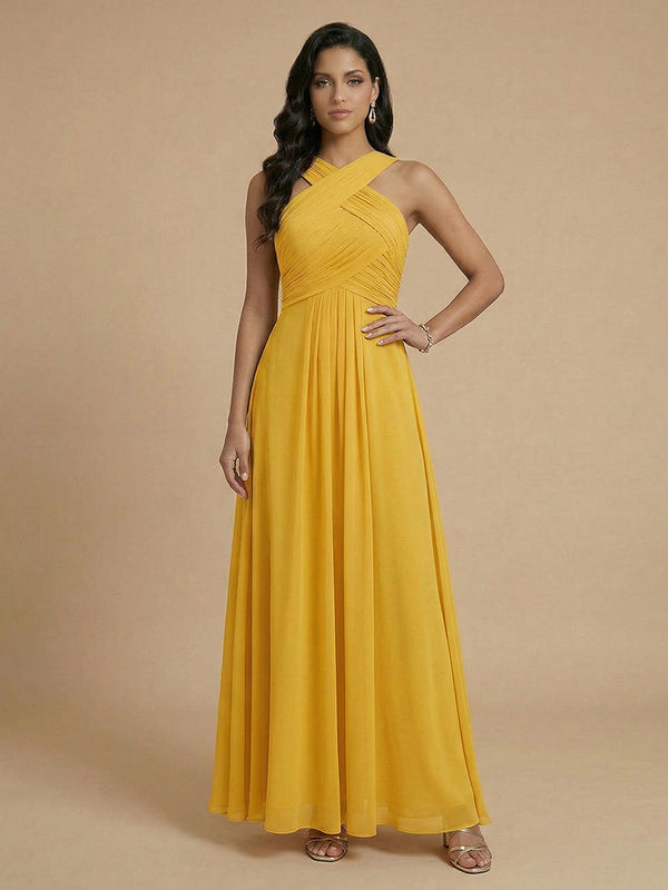 Chiffon A-Line Cross-Neck Long Bridesmaid Dresses with Pleated