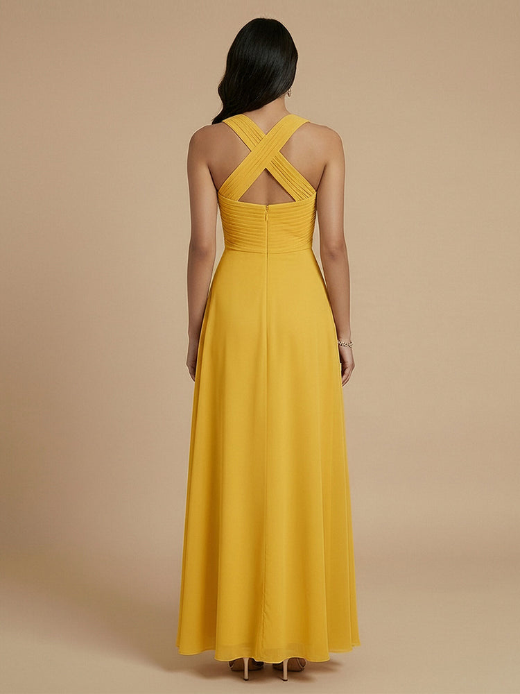 Chiffon A-Line Cross-Neck Long Bridesmaid Dresses with Pleated