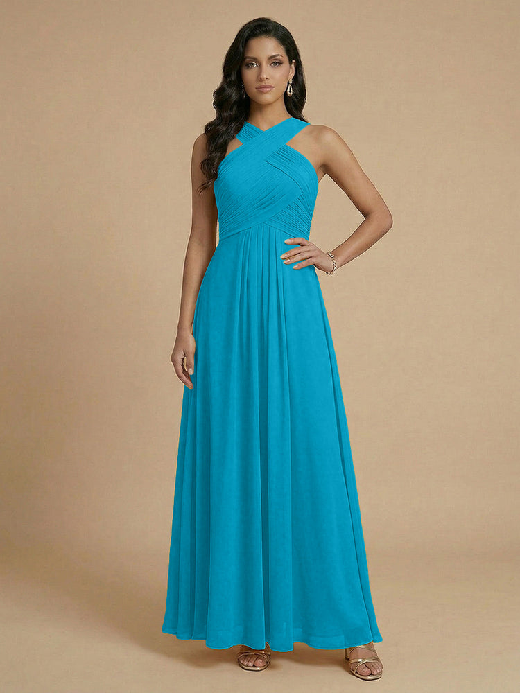 Chiffon A-Line Cross-Neck Long Bridesmaid Dresses with Pleated