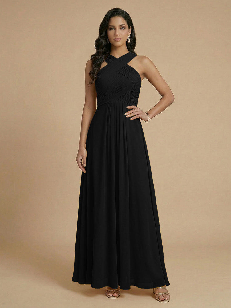 Chiffon A-Line Cross-Neck Long Bridesmaid Dresses with Pleated