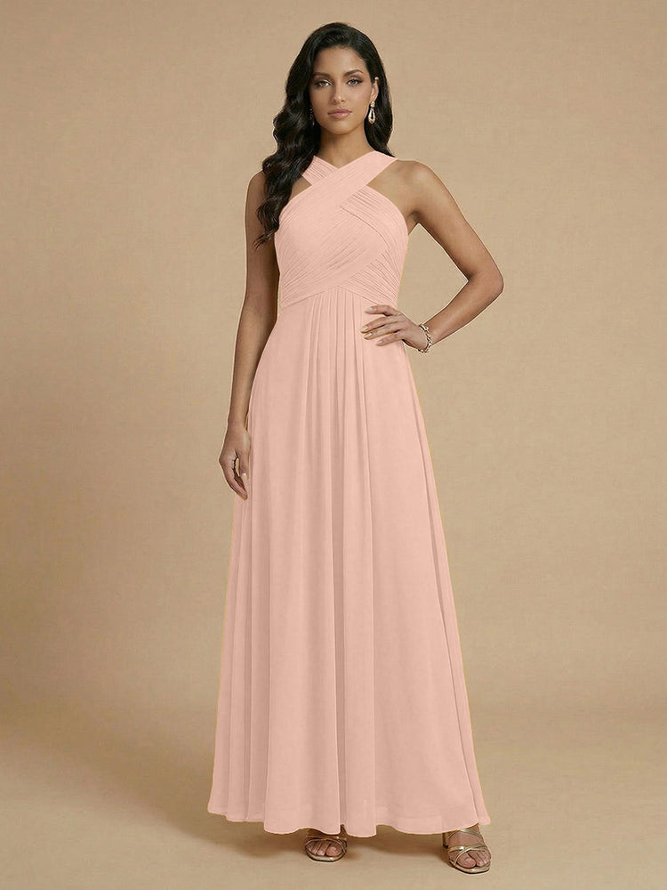 Chiffon A-Line Cross-Neck Long Bridesmaid Dresses with Pleated