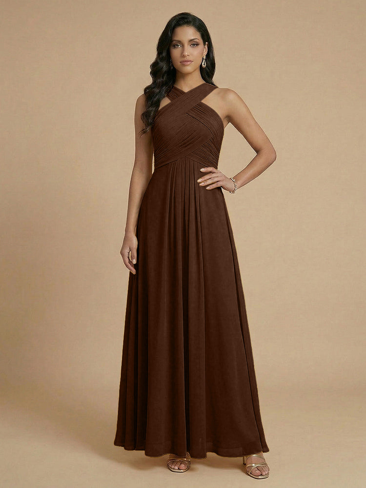 Chiffon A-Line Cross-Neck Long Bridesmaid Dresses with Pleated