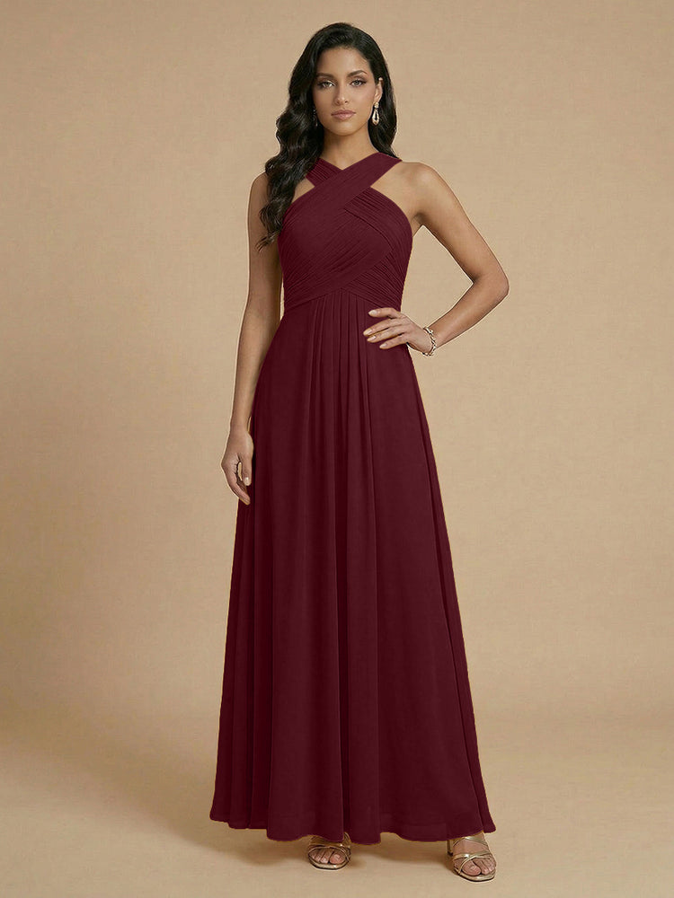 Chiffon A-Line Cross-Neck Long Bridesmaid Dresses with Pleated