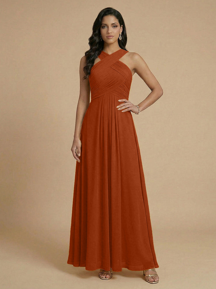 Chiffon A-Line Cross-Neck Long Bridesmaid Dresses with Pleated