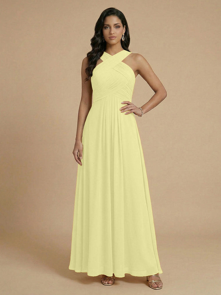 Chiffon A-Line Cross-Neck Long Bridesmaid Dresses with Pleated