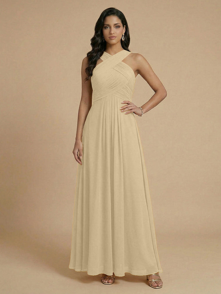 Chiffon A-Line Cross-Neck Long Bridesmaid Dresses with Pleated