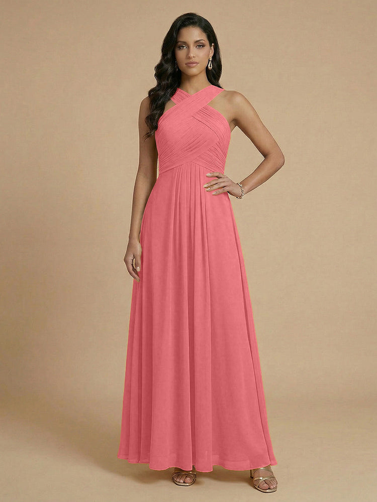 Chiffon A-Line Cross-Neck Long Bridesmaid Dresses with Pleated