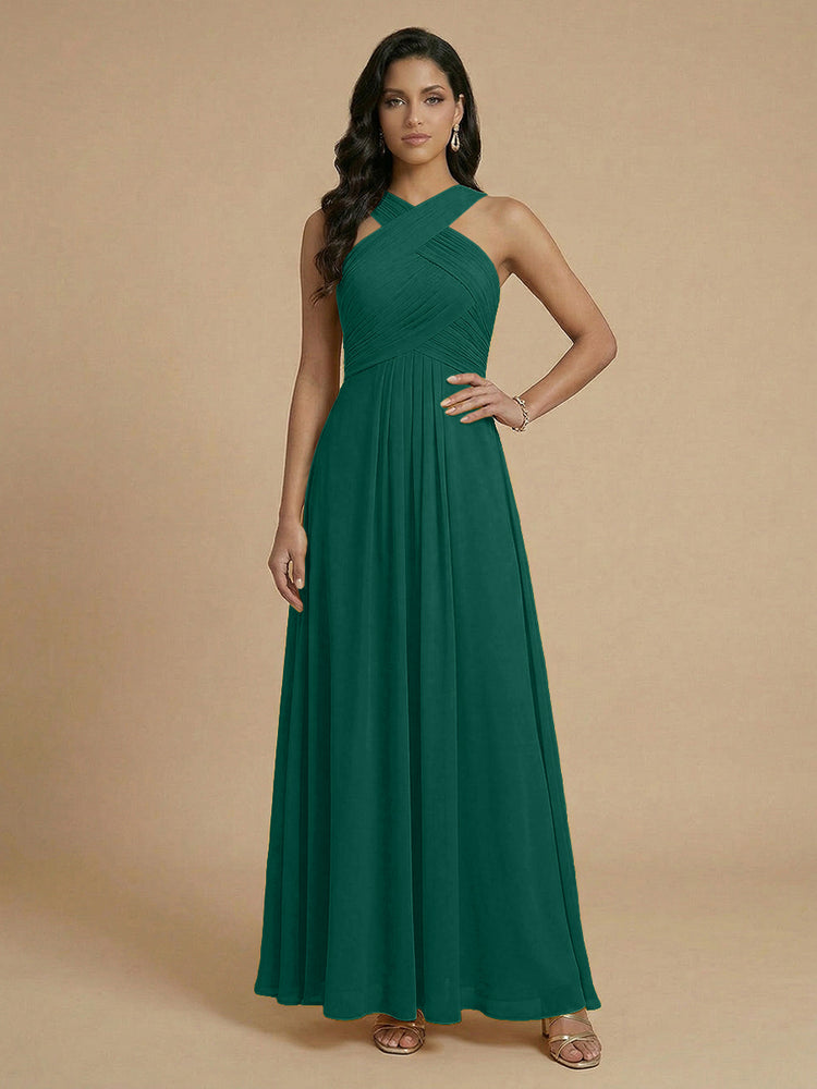 Chiffon A-Line Cross-Neck Long Bridesmaid Dresses with Pleated
