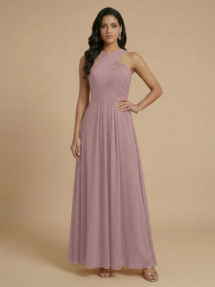Chiffon A-Line Cross-Neck Long Bridesmaid Dresses with Pleated
