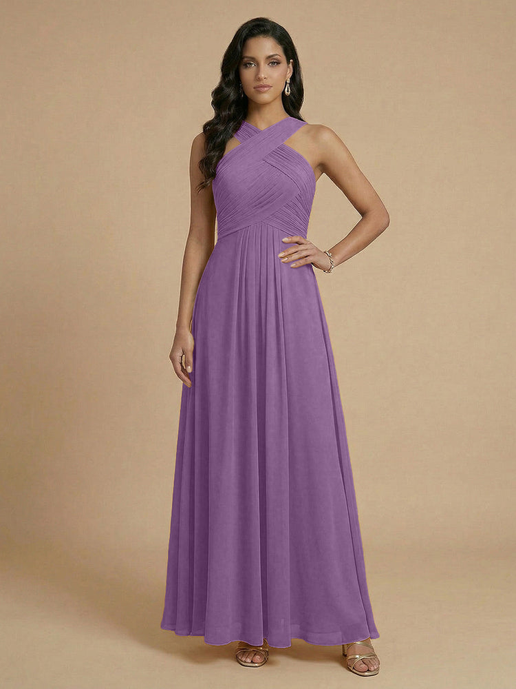 Chiffon A-Line Cross-Neck Long Bridesmaid Dresses with Pleated