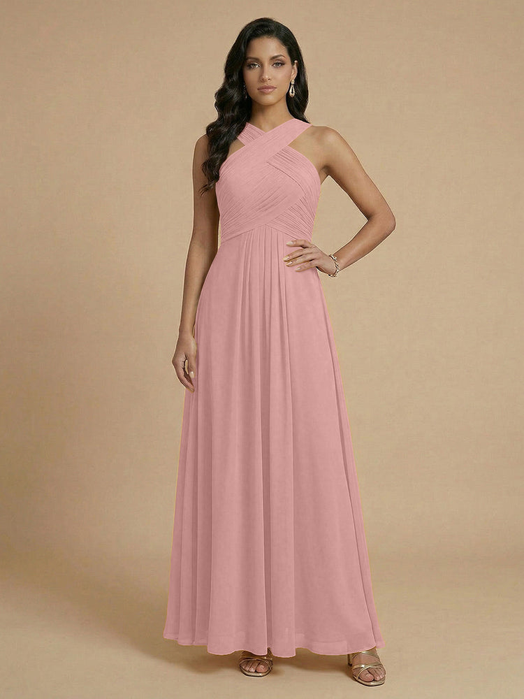 Chiffon A-Line Cross-Neck Long Bridesmaid Dresses with Pleated