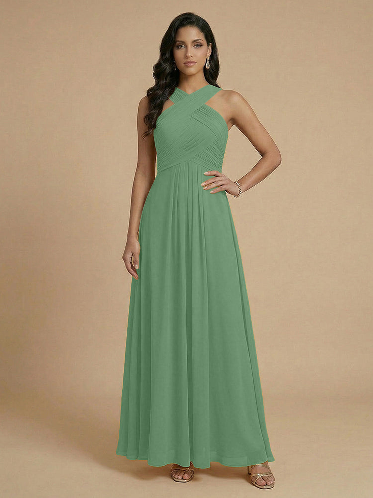 Chiffon A-Line Cross-Neck Long Bridesmaid Dresses with Pleated