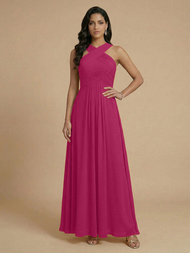 Chiffon A-Line Cross-Neck Long Bridesmaid Dresses with Pleated