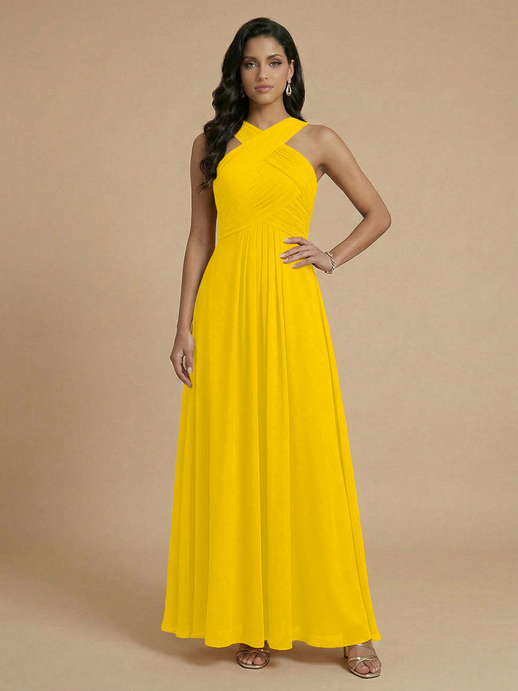Chiffon A-Line Cross-Neck Long Bridesmaid Dresses with Pleated