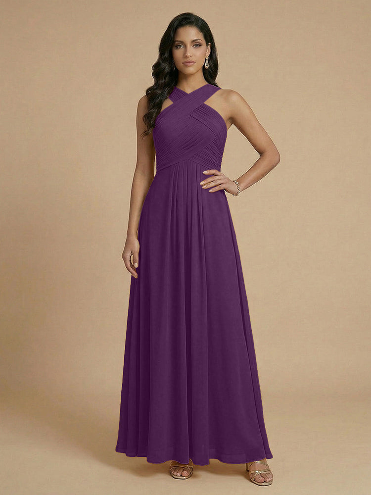 Chiffon A-Line Cross-Neck Long Bridesmaid Dresses with Pleated
