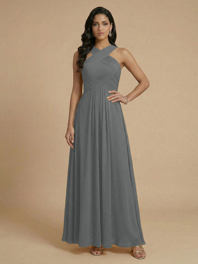 Chiffon A-Line Cross-Neck Long Bridesmaid Dresses with Pleated