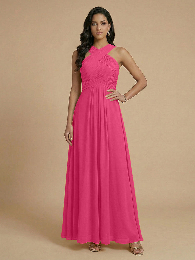 Chiffon A-Line Cross-Neck Long Bridesmaid Dresses with Pleated