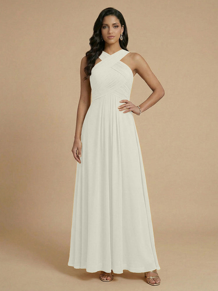 Chiffon A-Line Cross-Neck Long Bridesmaid Dresses with Pleated