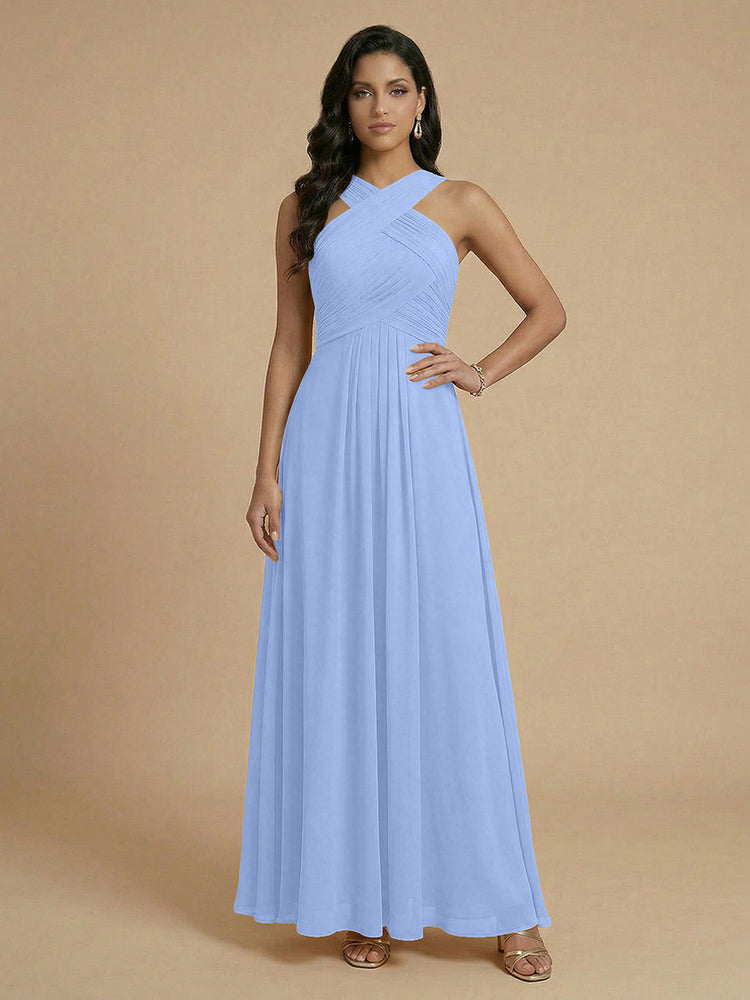 Chiffon A-Line Cross-Neck Long Bridesmaid Dresses with Pleated