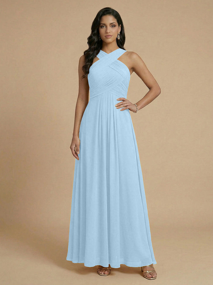 Chiffon A-Line Cross-Neck Long Bridesmaid Dresses with Pleated