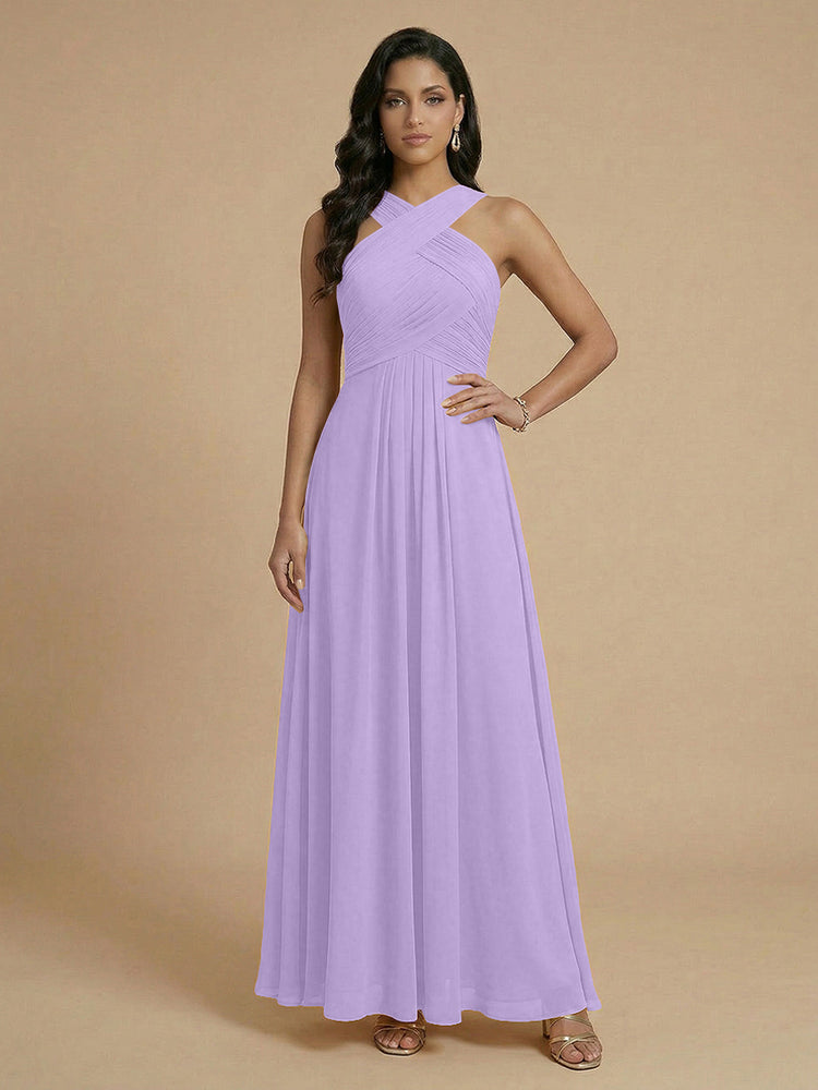 Chiffon A-Line Cross-Neck Long Bridesmaid Dresses with Pleated