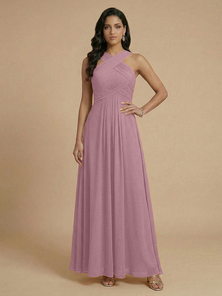 Chiffon A-Line Cross-Neck Long Bridesmaid Dresses with Pleated