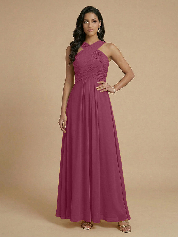Chiffon A-Line Cross-Neck Long Bridesmaid Dresses with Pleated