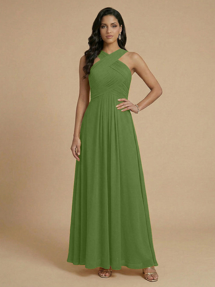 Chiffon A-Line Cross-Neck Long Bridesmaid Dresses with Pleated