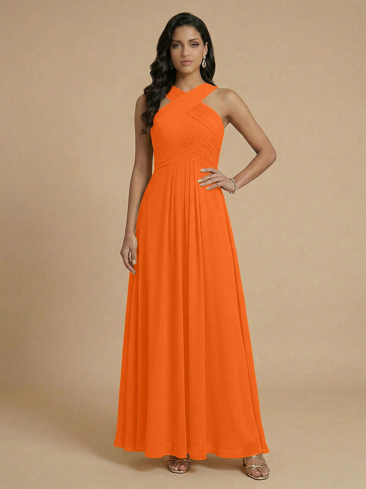 Chiffon A-Line Cross-Neck Long Bridesmaid Dresses with Pleated