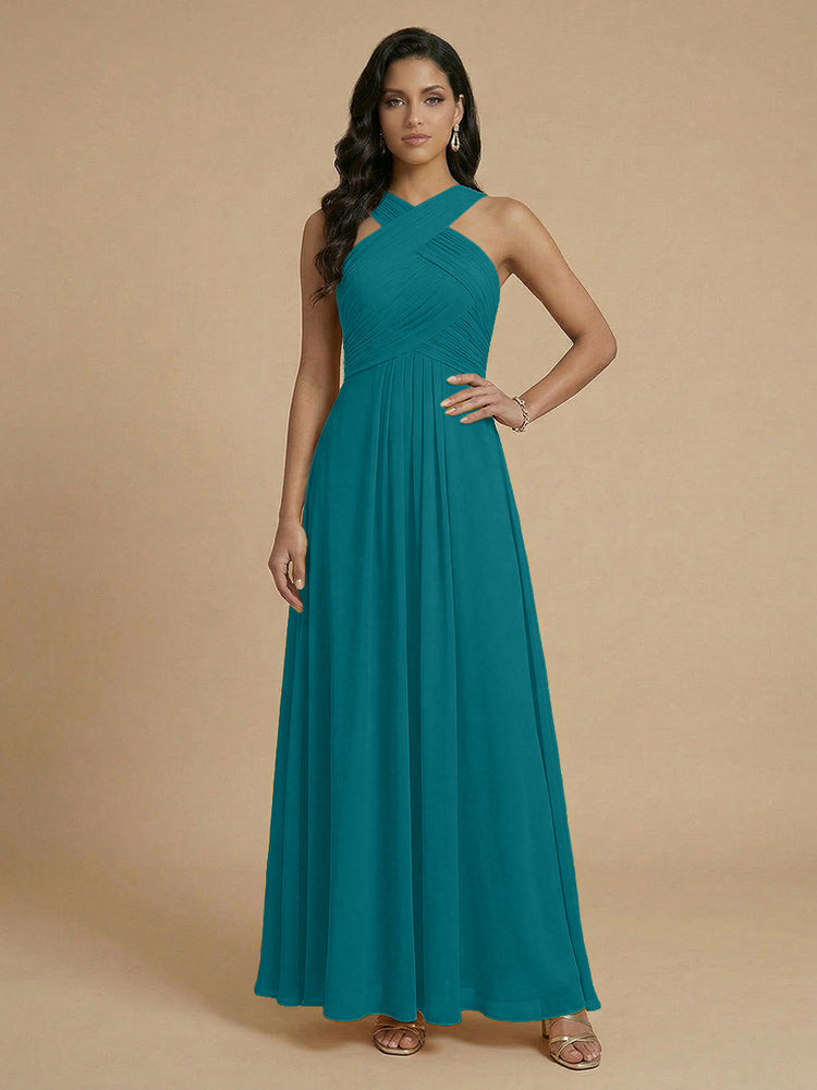 Chiffon A-Line Cross-Neck Long Bridesmaid Dresses with Pleated