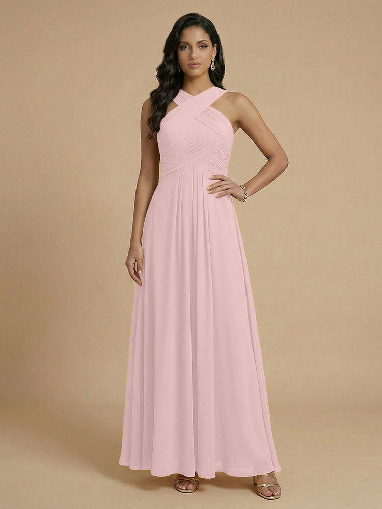 Chiffon A-Line Cross-Neck Long Bridesmaid Dresses with Pleated