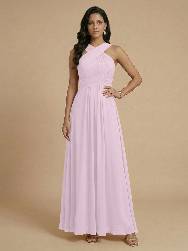 Chiffon A-Line Cross-Neck Long Bridesmaid Dresses with Pleated