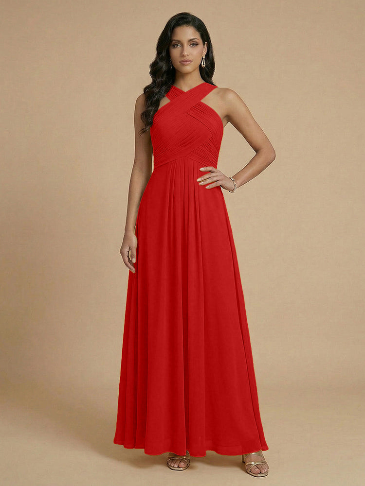 Chiffon A-Line Cross-Neck Long Bridesmaid Dresses with Pleated